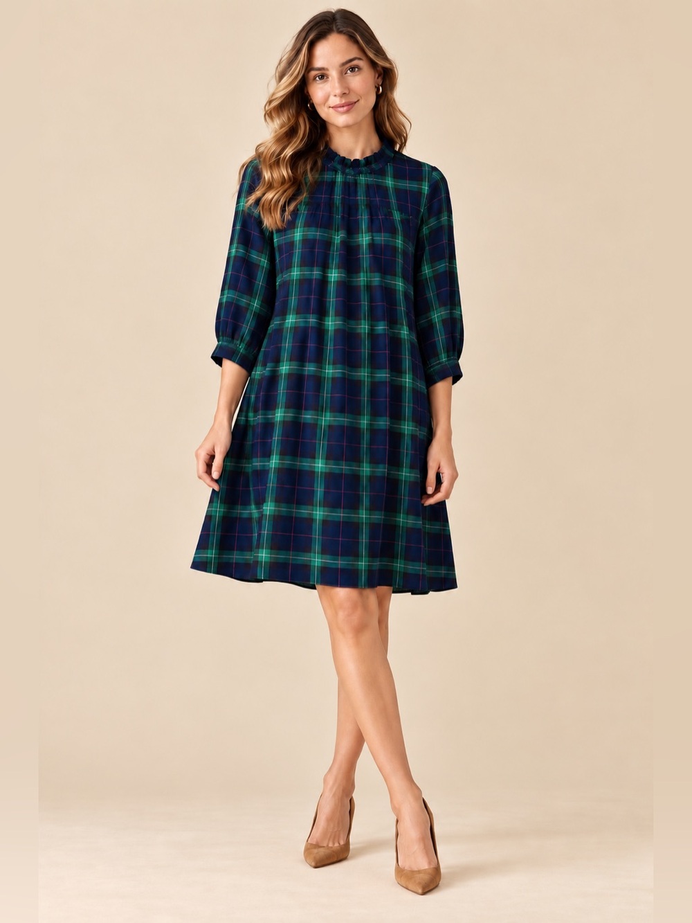 Crown & Ivy Navy Green Windowpane Plaid Modal Blend Ruffle Collar Bow Mini Dress